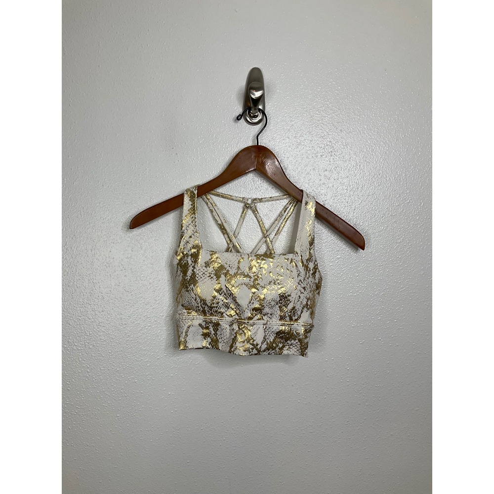 Buffbunny Collection White Gold Snakeskin Foil Strappy Sports Bra XS Longline